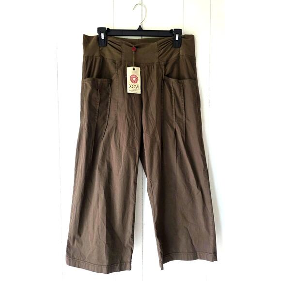 XCVI Pleat Pocket Elastic Waist Wide Leg Gaucho Palazzo Pants Brown Medium NEW - Picture 1 of 6